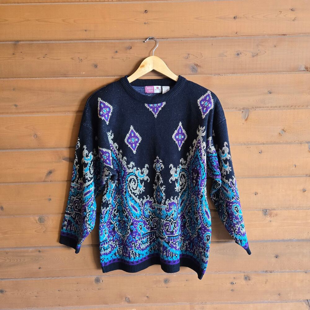 Vintage Paisley Metallic Sweater Geometric 20W Slouchy Crewneck 80's 90's Boho